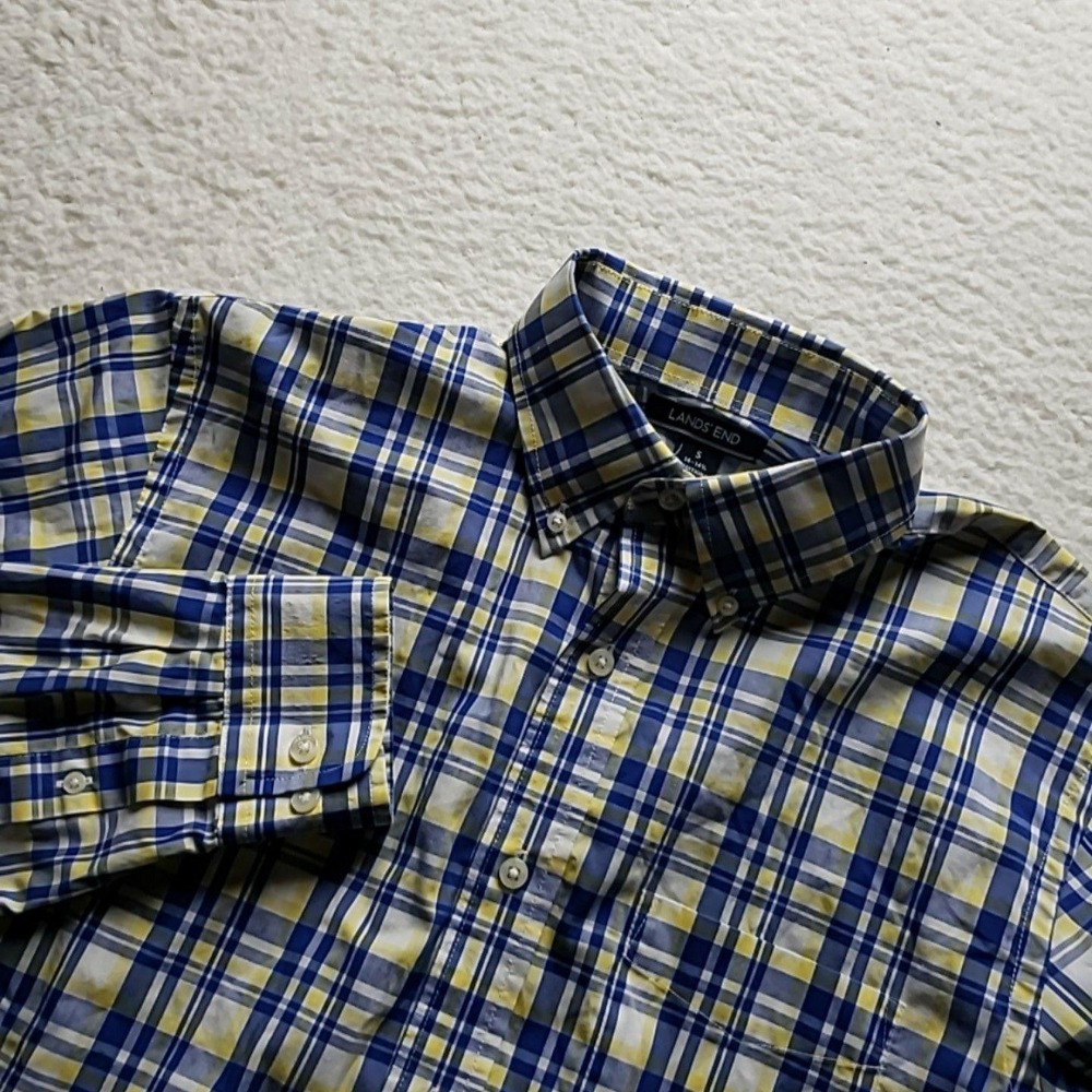 Lands' End Shirt Mens Small Blue Yellow Plaid Long Sleeve Button-Down Casual